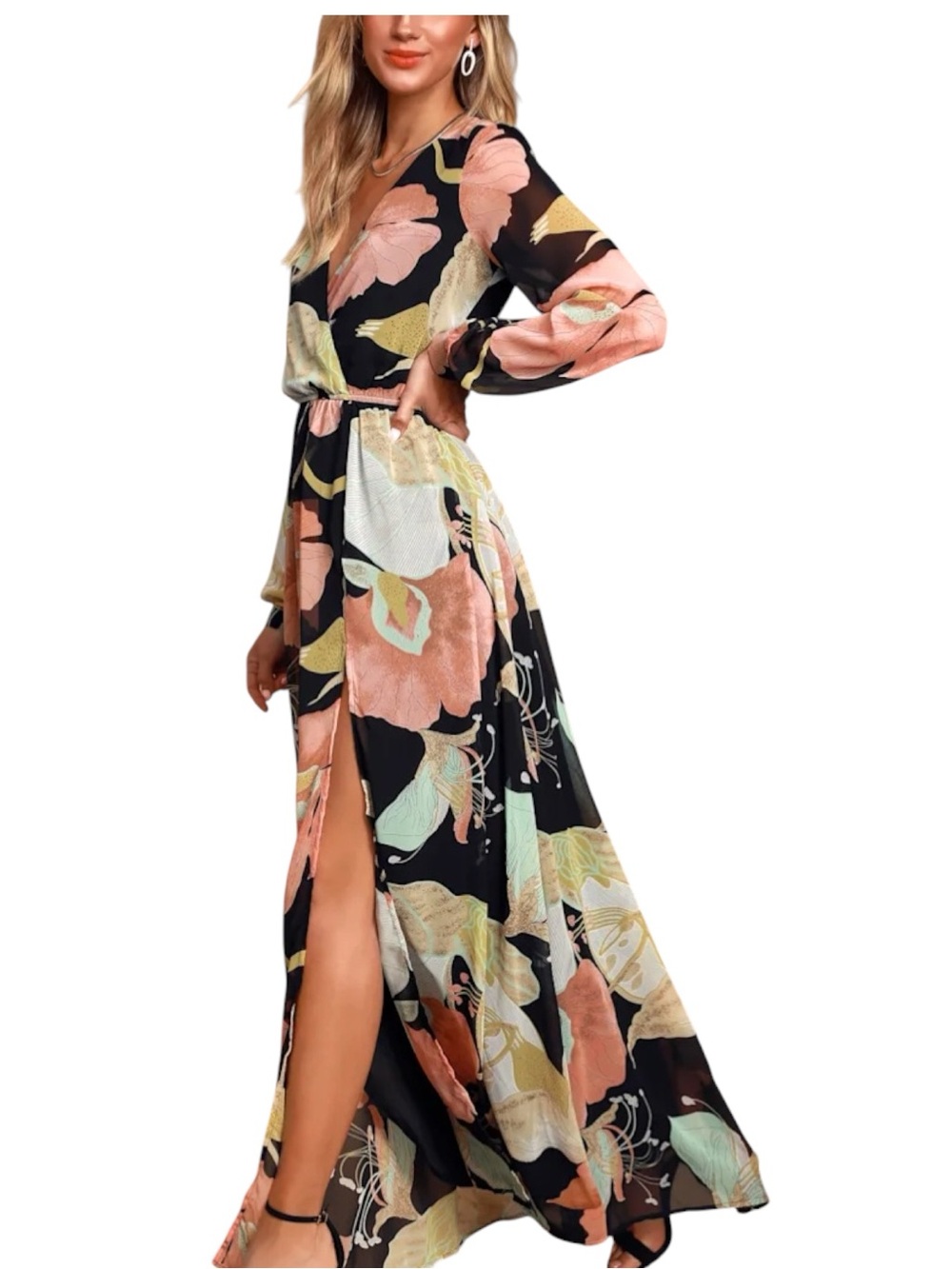 Lulus Wondrous Water Lilies Black Floral Print Maxi Dress❤️ XL